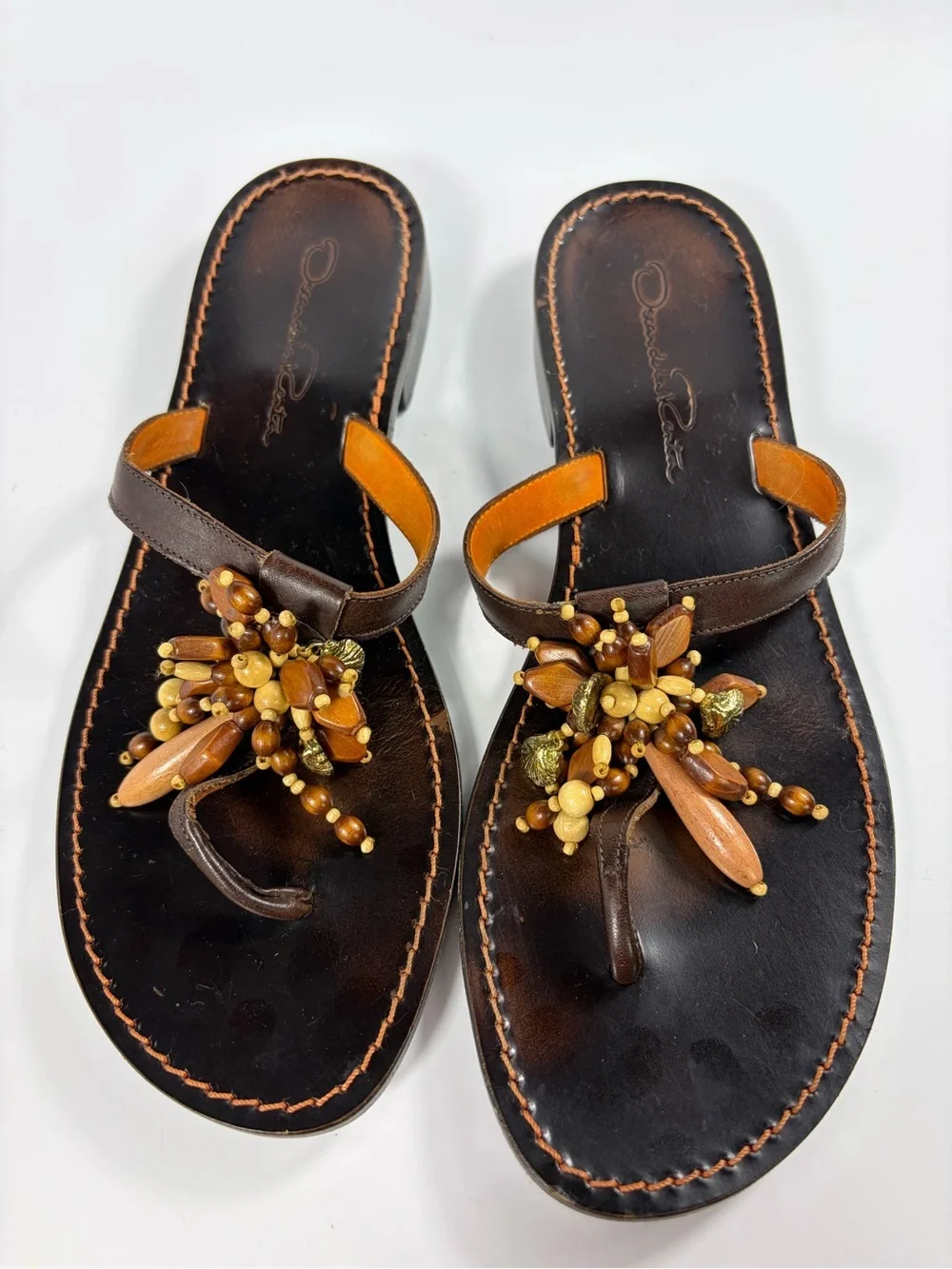 Oscar de la Renta Beaded Brown Leather Toe-Post Sandals. Fabulous!